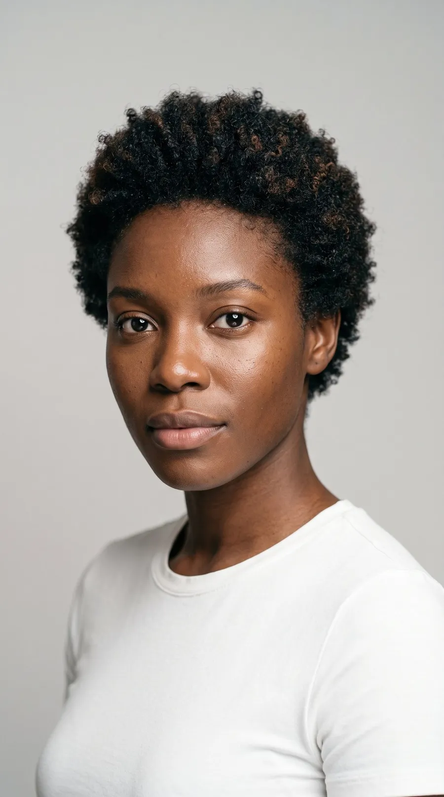 Plain studio portrait of a woman with short coiled hair and bare lips, attached as the image reference for a Seedance 2.5 person swap.