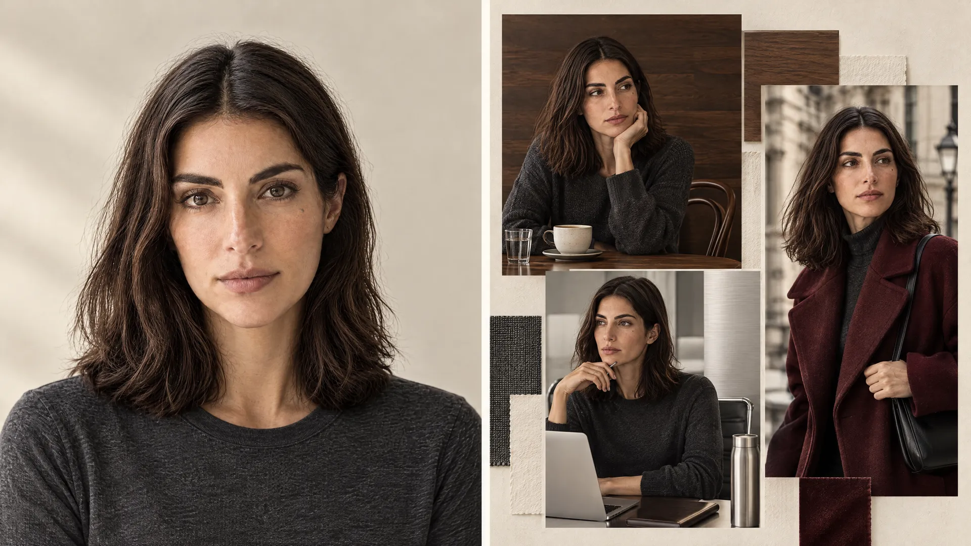 An AI-generated reference mosaic of Mara, a clean studio portrait beside smaller lifestyle shots of her at a cafe table, working on a laptop and outdoors in a burgundy coat, showing the varied angles saved as her Person Element; created on getimg.ai.