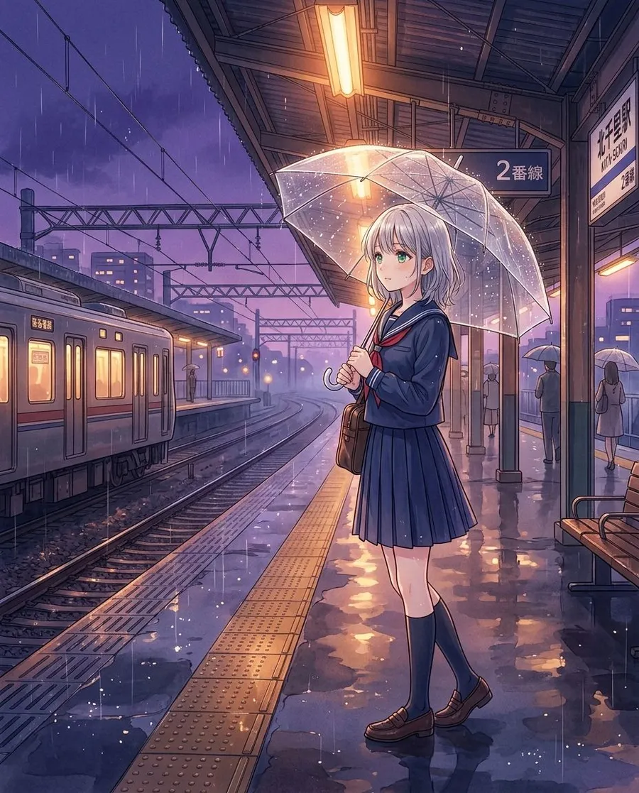 anime girl with short silver hair and green eyes, in a navy school uniform, standing on a rainy train platform at dusk, soft cinematic lighting, shōjo style, generated on getimg.ai