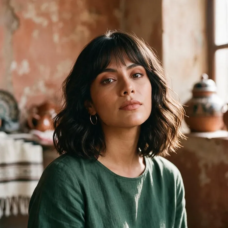 photo of a young woman in a green blouse, hair changed to shoulder-length hairstyle with fringe bangs using getimg.ai