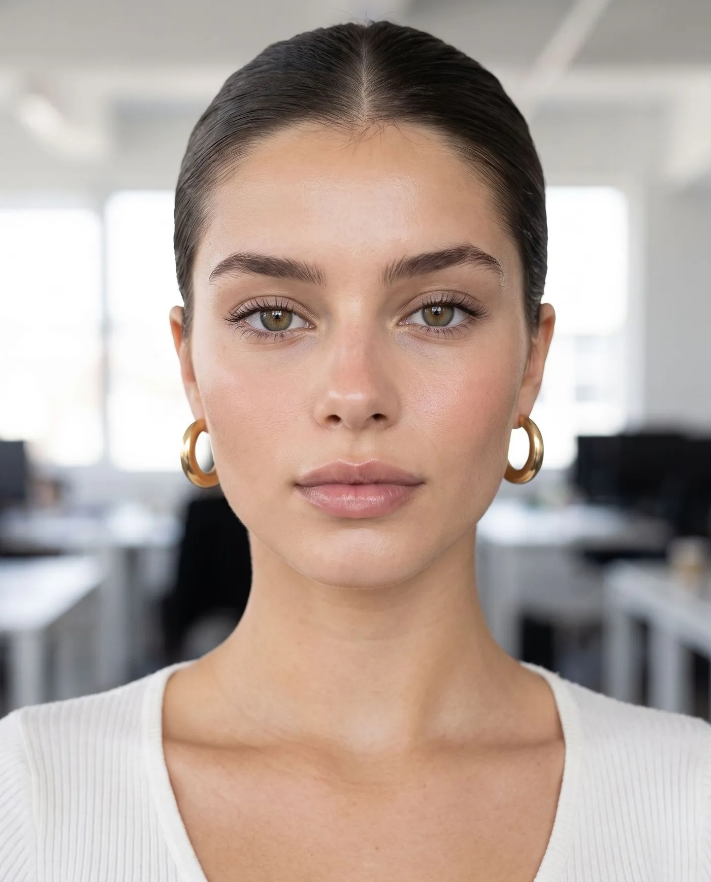 Presenter reference photo for the UGC video Action on getimg.ai: a shoulders-up headshot of a woman with dark slicked-back hair and gold hoop earrings in a white ribbed top, in a bright, blurred office.