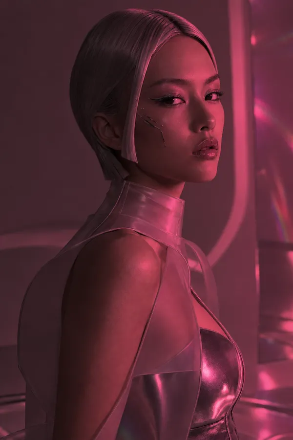AI relighting example from the Relight Action on getimg.ai: the same futuristic portrait relit in vivid magenta-pink light from the right, saturating her skin, hair, and metallic outfit.