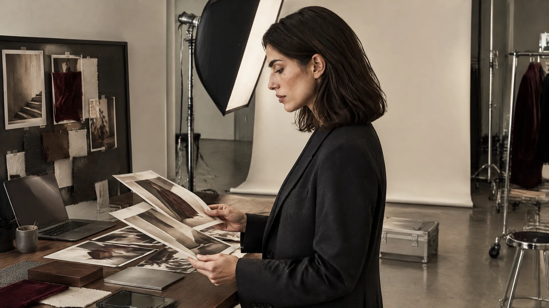 An AI-generated behind-the-scenes shot of Mara reviewing printed photo proofs in a photo studio beside a softbox and mood board, the Round 4 behind-the-scenes format; created on getimg.ai.