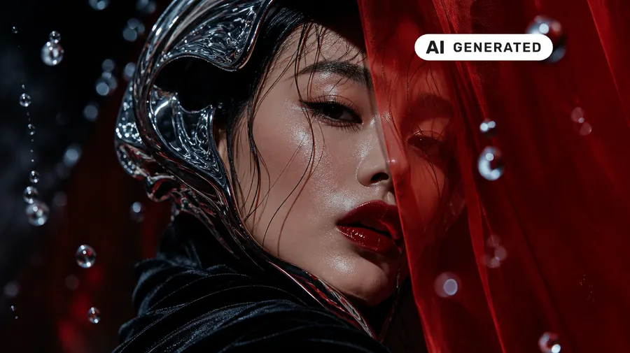 AI-generated beauty portrait of a woman in a sculptural liquid-chrome headpiece with bold red lips, half her face hidden behind a flowing translucent red veil, against a dark background dotted with floating water droplets. The white "AI Generated" EU disclosure label sits in the bottom-right corner. Generated on getimg.ai.