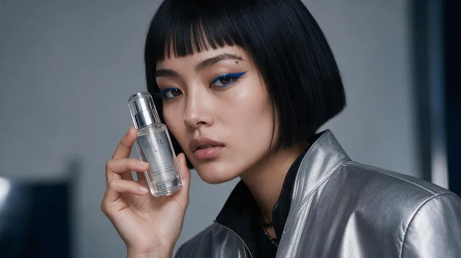 The AI character holding a frosted-glass serum bottle to her cheek in a moody blue-lit interior, wearing the silver jacket and cobalt-blue winged liner, a product campaign shot made in getimg.ai.