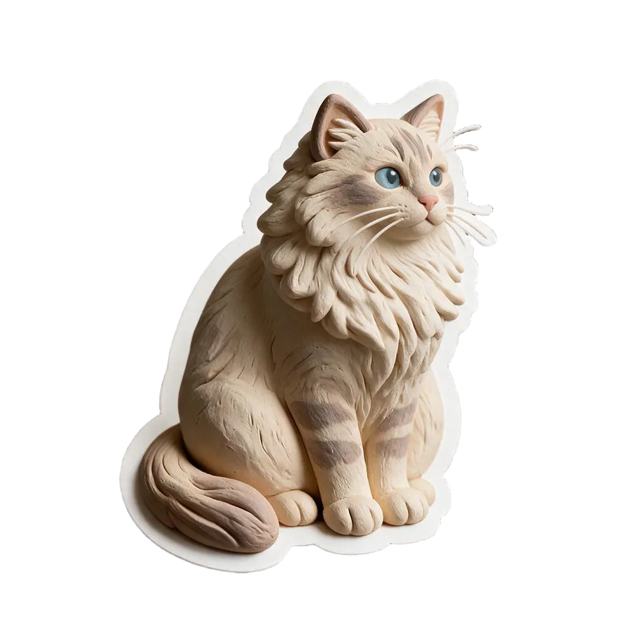 The same fluffy cream cat redrawn as a die-cut AI sticker in a matte 3D clay style with sculpted fur, generated by the Sticker maker on getimg.ai.