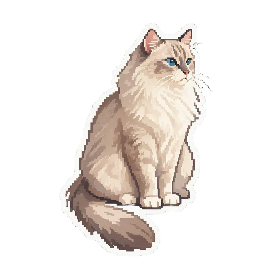 The fluffy cream cat from the reference photo redrawn as a die-cut AI sticker in a retro pixel-art style, generated by the Sticker maker on getimg.ai.