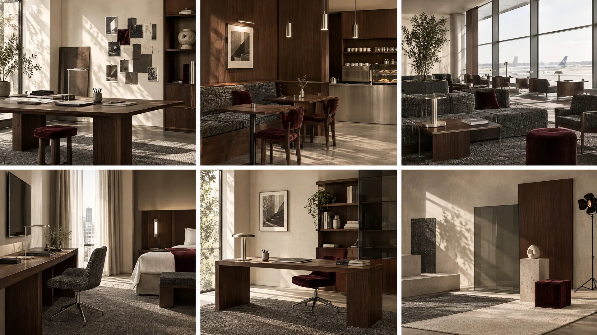 An AI-generated grid of six empty interiors, a studio, cafe, airport lounge, hotel room, home office and set, all sharing Mara's warm neutral palette and burgundy accents, the remove-the-person test showing the brand holds without her; created on getimg.ai.