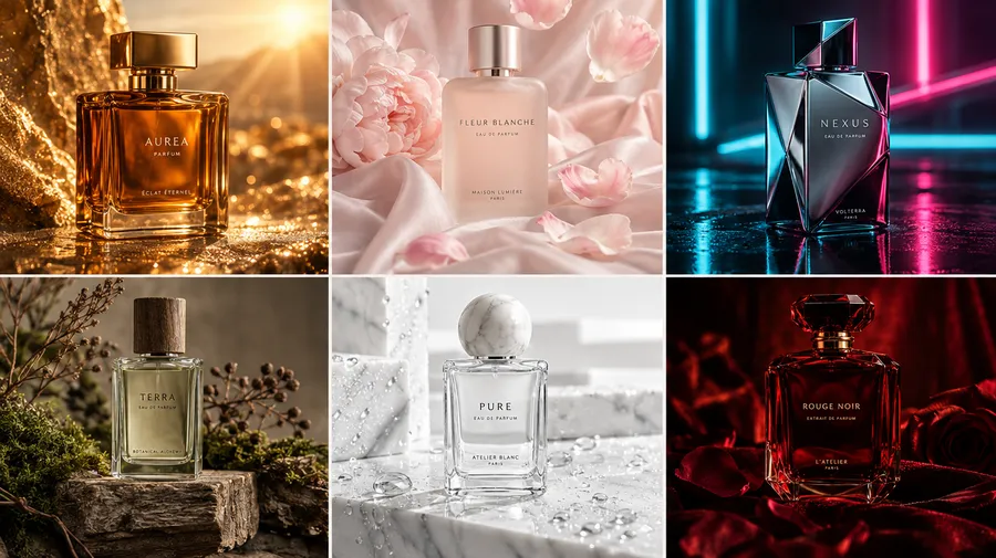 A grid of six luxury perfume bottles in six completely different styles, from gold and floral pink to neon, vintage, marble, and dark red, showing the common mistake of generating images that look like six separate brands instead of one coherent campaign. Generated with getimg.ai.