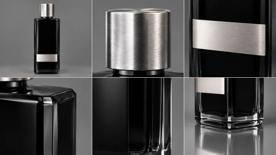 A six-panel close-up grid of the black glass fragrance bottle, from the full shot to the brushed silver cap, the silver label band, the bevelled glass edges, and the reflective base, used to inspect the hero shot for shape, material, and detail accuracy. Generated with getimg.ai.