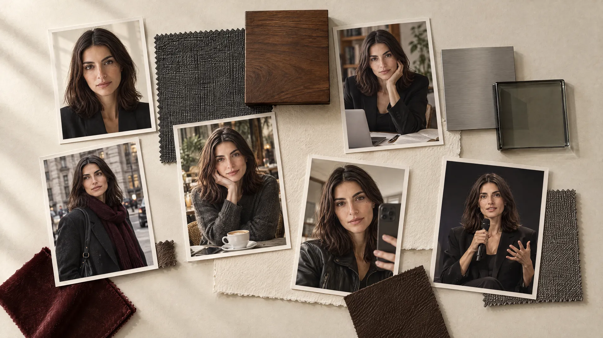 An AI-generated contact sheet pinning six prints of Mara, portrait, street, cafe, selfie and keynote shots, onto a cream surface with fabric and wood swatches, a first look at her posts sharing one visual system; created on getimg.ai.