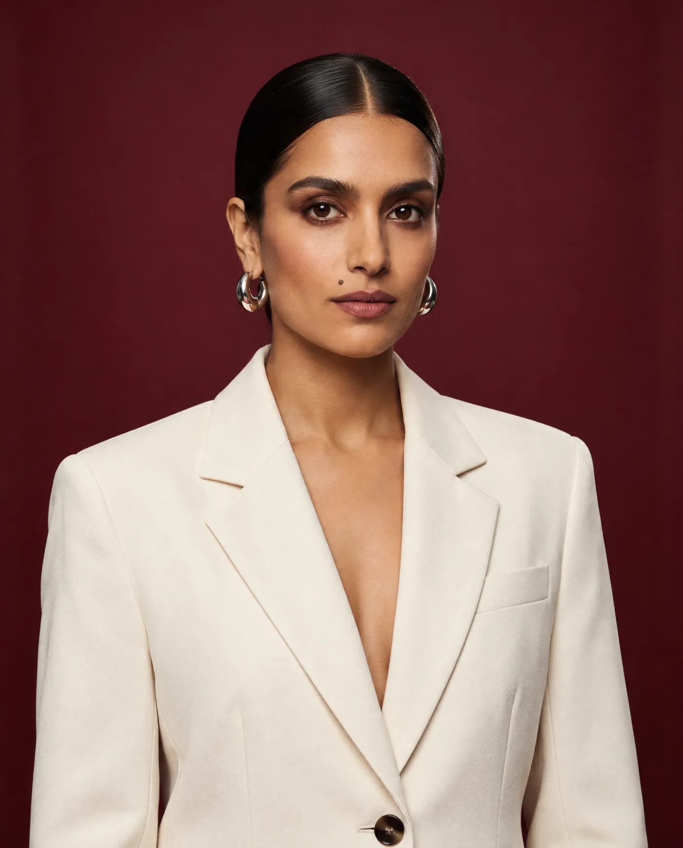 Shot 4, straight chest-up portrait on 85mm with direct eye contact: a fictional model with a sleek low bun and silver hoop earrings in a cream tailored suit on a burgundy studio backdrop, the facial anchor shot, generated on getimg.ai in a guide to creating an AI photoshoot from one photo
