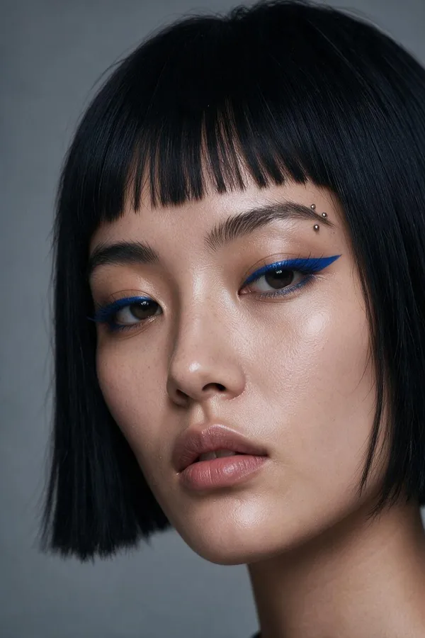 Vertical studio portrait of an AI character with a sleek jet-black bob and blunt micro-bangs, cobalt-blue winged eyeliner and a silver eyebrow piercing, generated with getimg.ai.