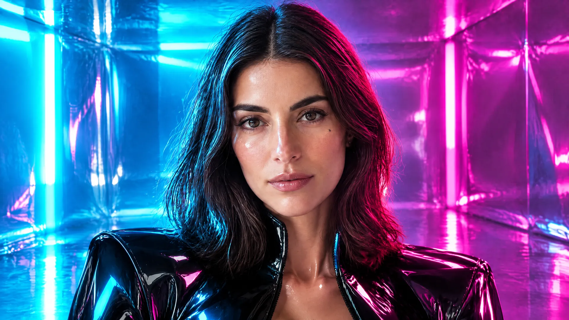 An AI-generated portrait of Mara in glossy vinyl under magenta and cyan neon, a deliberate example of style drift where the visual world belongs to a completely different creator; created on getimg.ai.