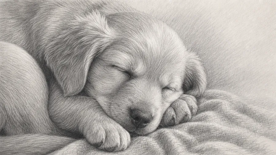 Graphite pencil portrait of a sleeping puppy curled up close