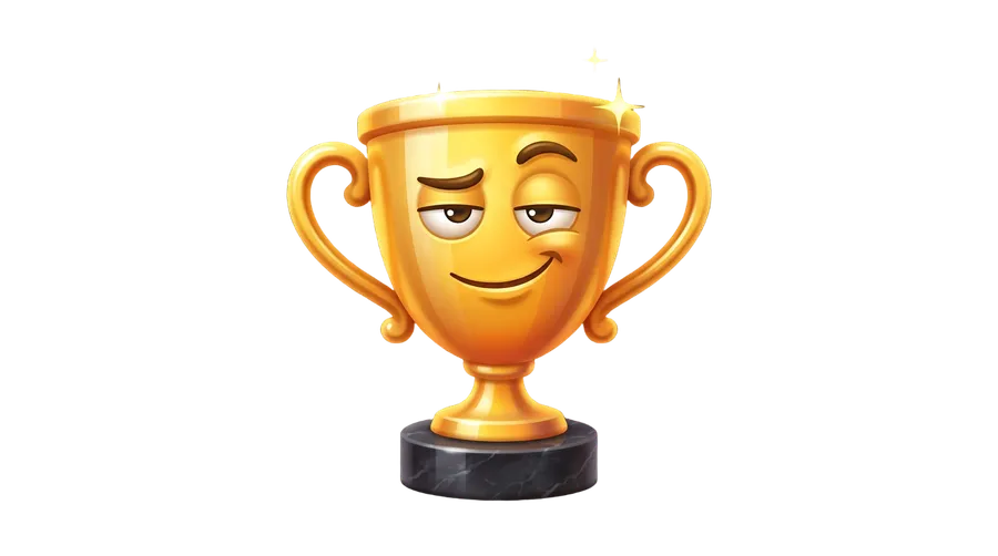 Custom emoji of a shiny gold trophy with a smug, confident smiling face and a sparkle on top, in a glossy 3D style. A winner or achievement emoji generated with getimg.ai's AI emoji maker.