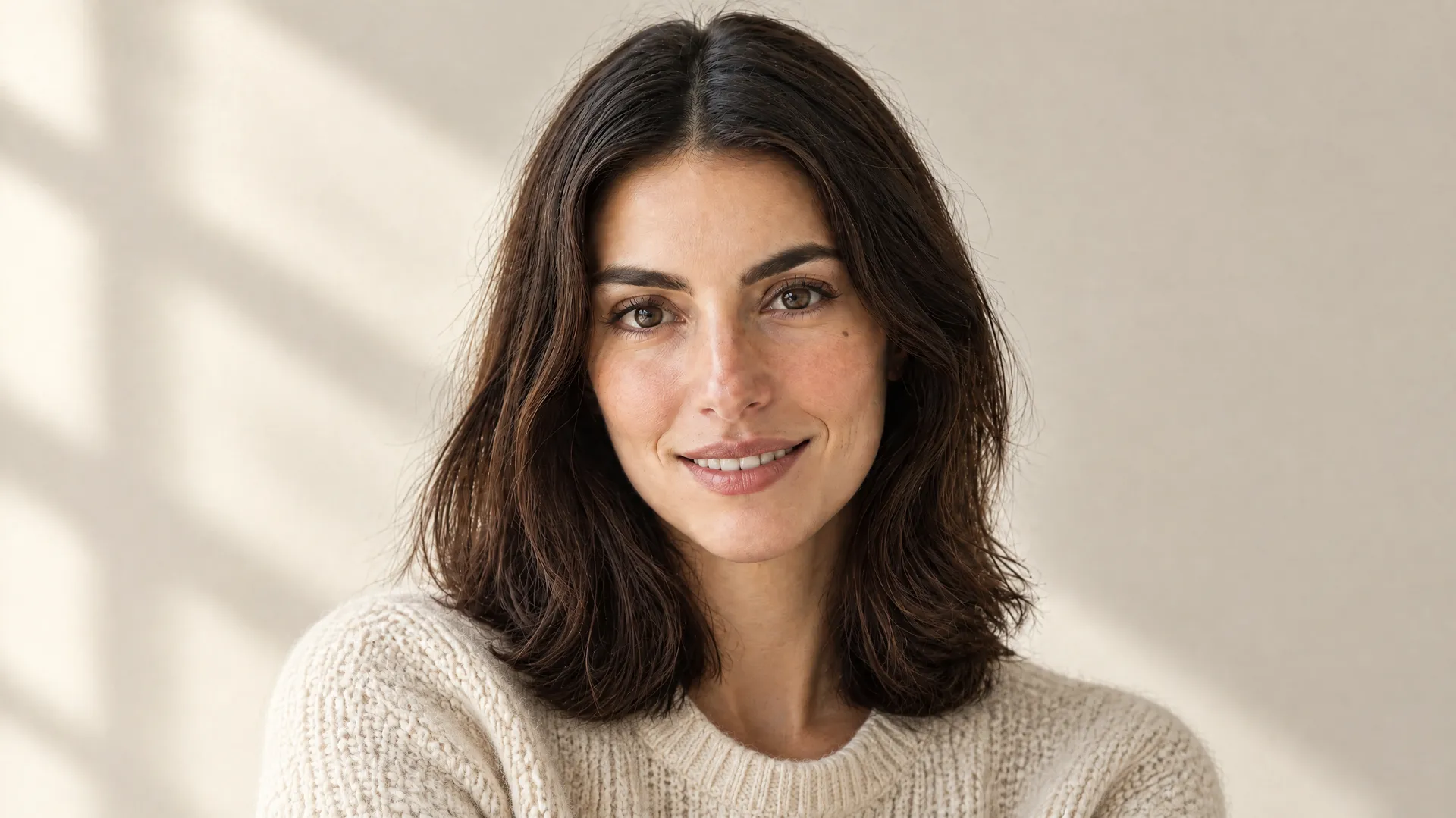 An AI-generated smiling portrait of Mara in a cream knitted sweater in soft daylight, the Round 1 expression variation; created on getimg.ai.