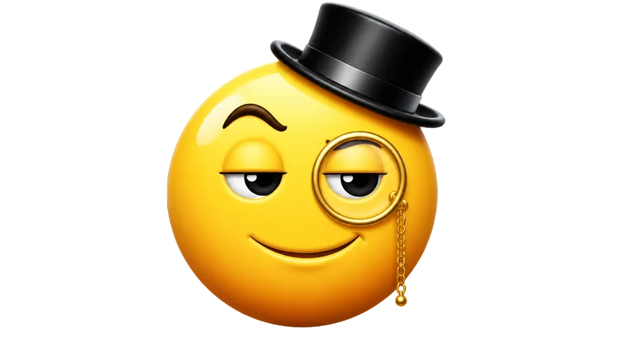 Custom emoji of a smug yellow smiley face wearing a black top hat and a monocle, in a glossy 3D style. A fancy or classy reaction emoji generated with getimg.ai's AI emoji maker.