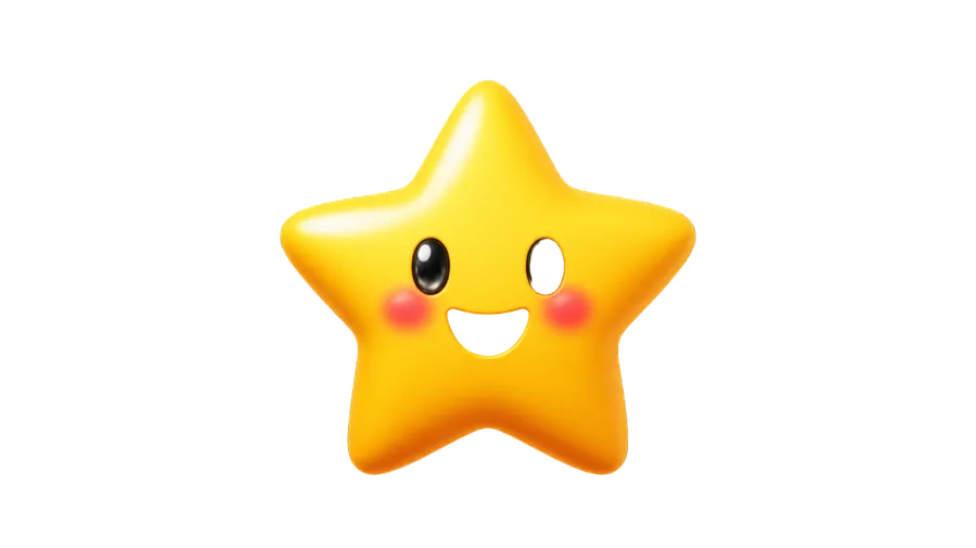 Custom emoji of a plump yellow five-point star with a happy smiling face and rosy cheeks, in a glossy 3D style. A star or favorite emoji generated with getimg.ai's AI emoji maker.