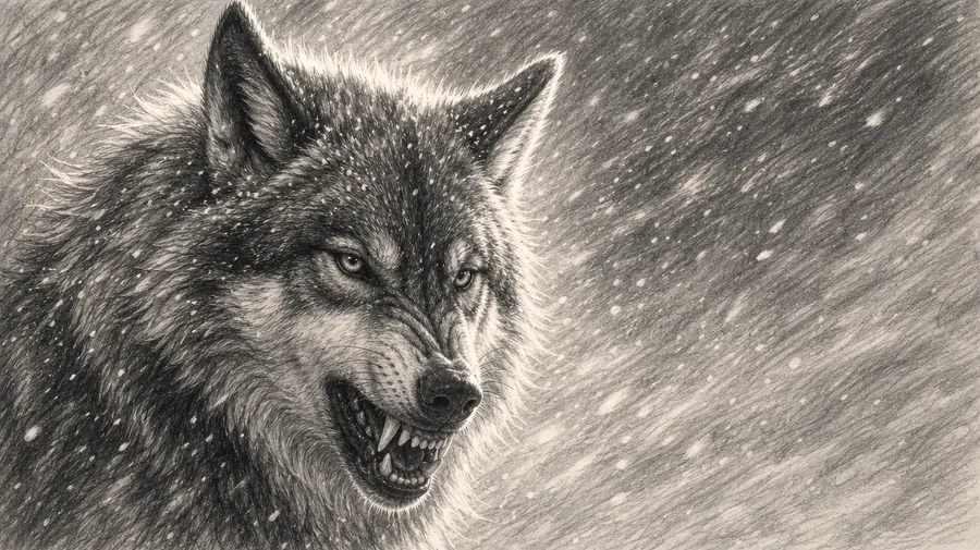 Dynamic graphite pencil drawing of a wolf snarling fiercely in a snowstorm