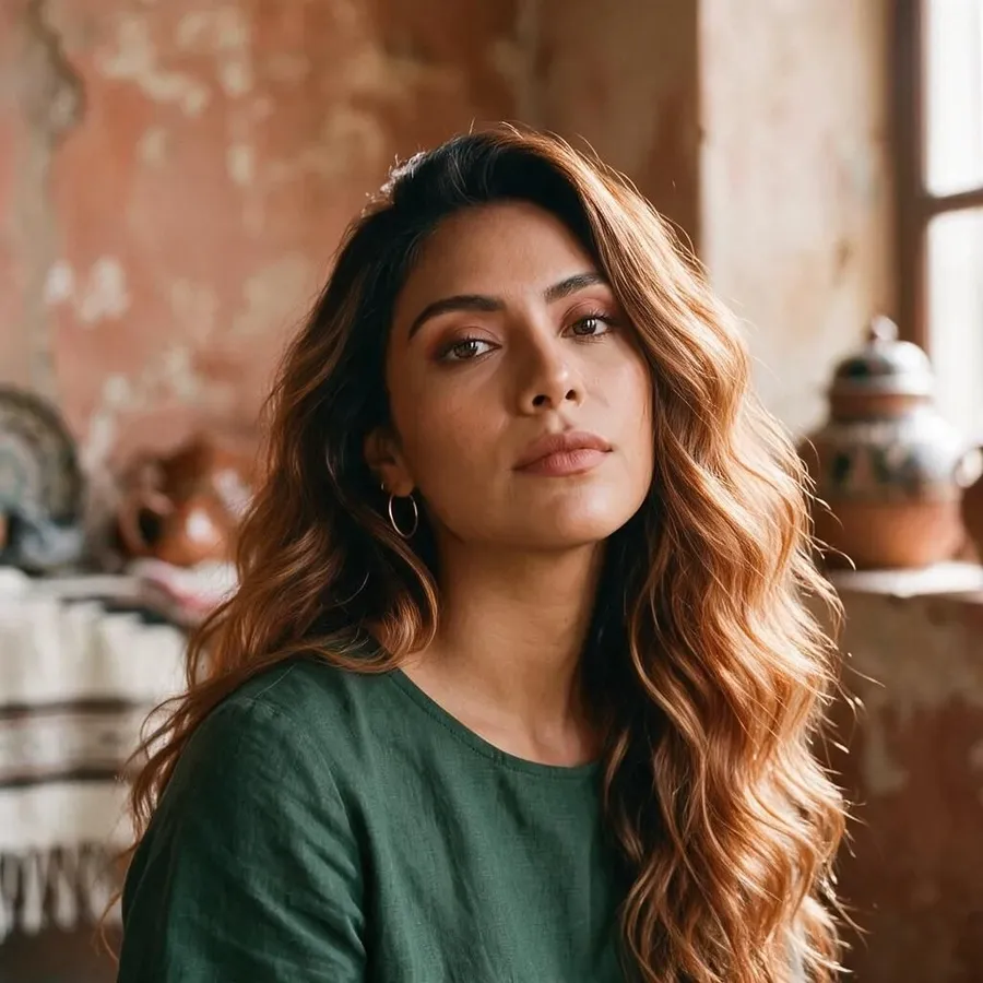 portrait photo of a young mexican woman with long hair with soft caramel balayage, hair changed with getimg.ai