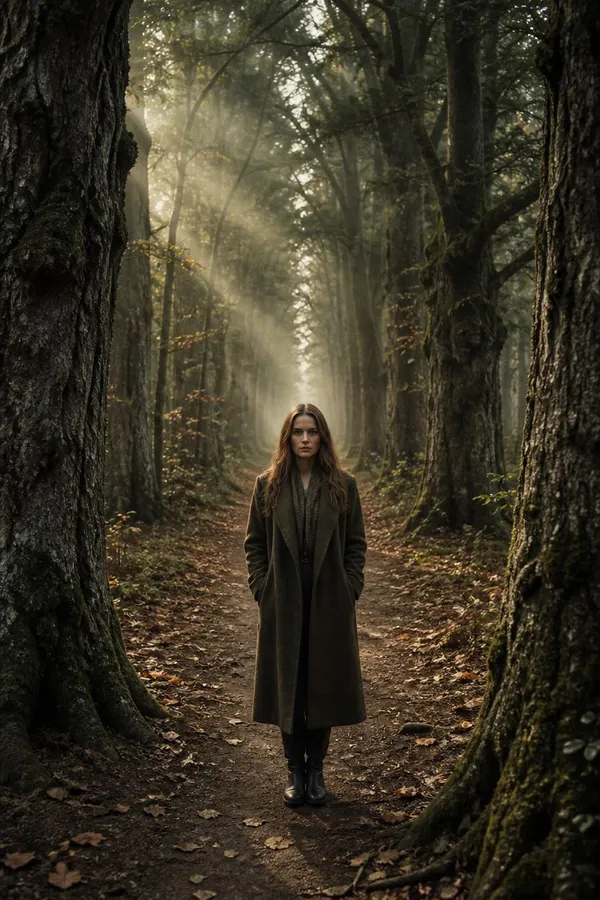 Source photo example for the Dolly zoom Action on getimg.ai: a woman in a long olive coat standing on a leaf-strewn path in a misty forest, framed by tall trees receding into deep perspective with sunbeams overhead, a clear subject with the depth a dolly zoom needs.