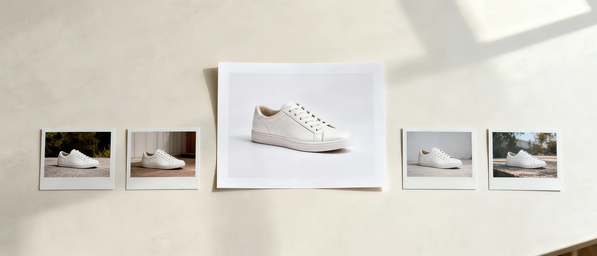One large printed photograph of a white leather sneaker on plain white, with four smaller prints of the same sneaker in different settings laid out in a row beside it on a pale studio surface. Generated in getimg.ai.