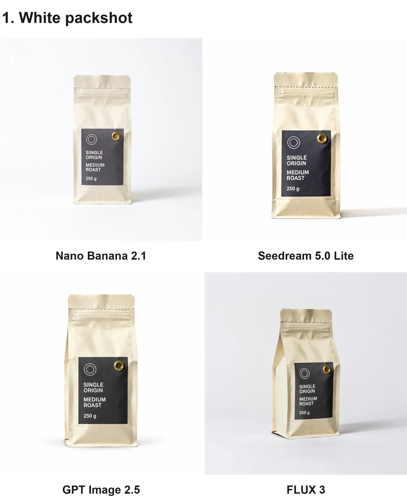 Four-panel comparison of the same kraft coffee pouch rendered as a white packshot by Nano Banana 2.1, Seedream 5.0 Lite, GPT Image 2.5 and FLUX 3, each panel labelled with the model that made it. Test run in getimg.ai.