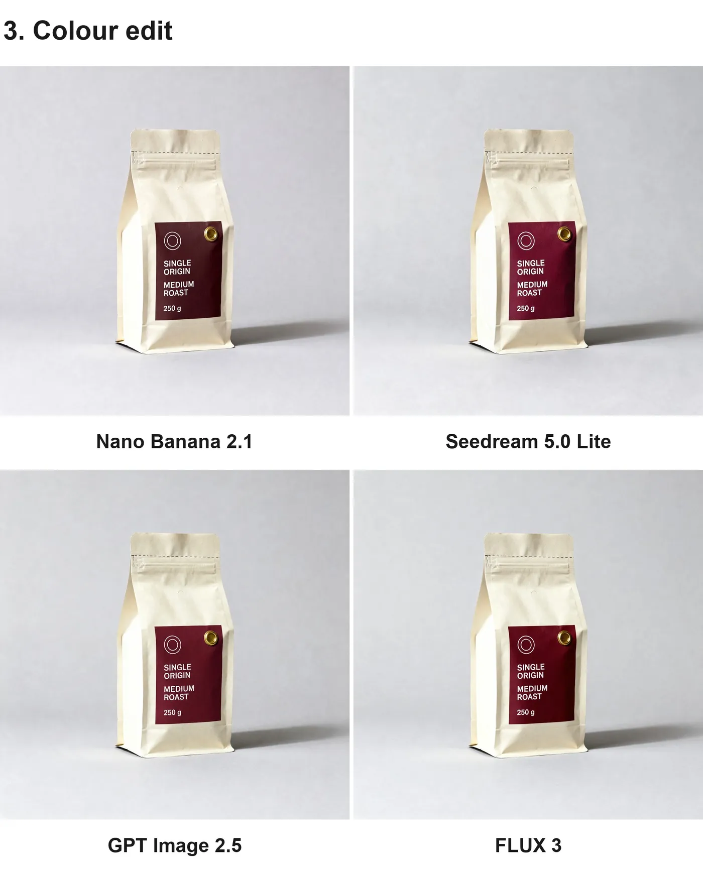 Four-panel comparison of the same kraft coffee pouch with its label panel recoloured to burgundy by Nano Banana 2.1, Seedream 5.0 Lite, GPT Image 2.5 and FLUX 3, each panel labelled with the model that made it. Test run in getimg.ai.
