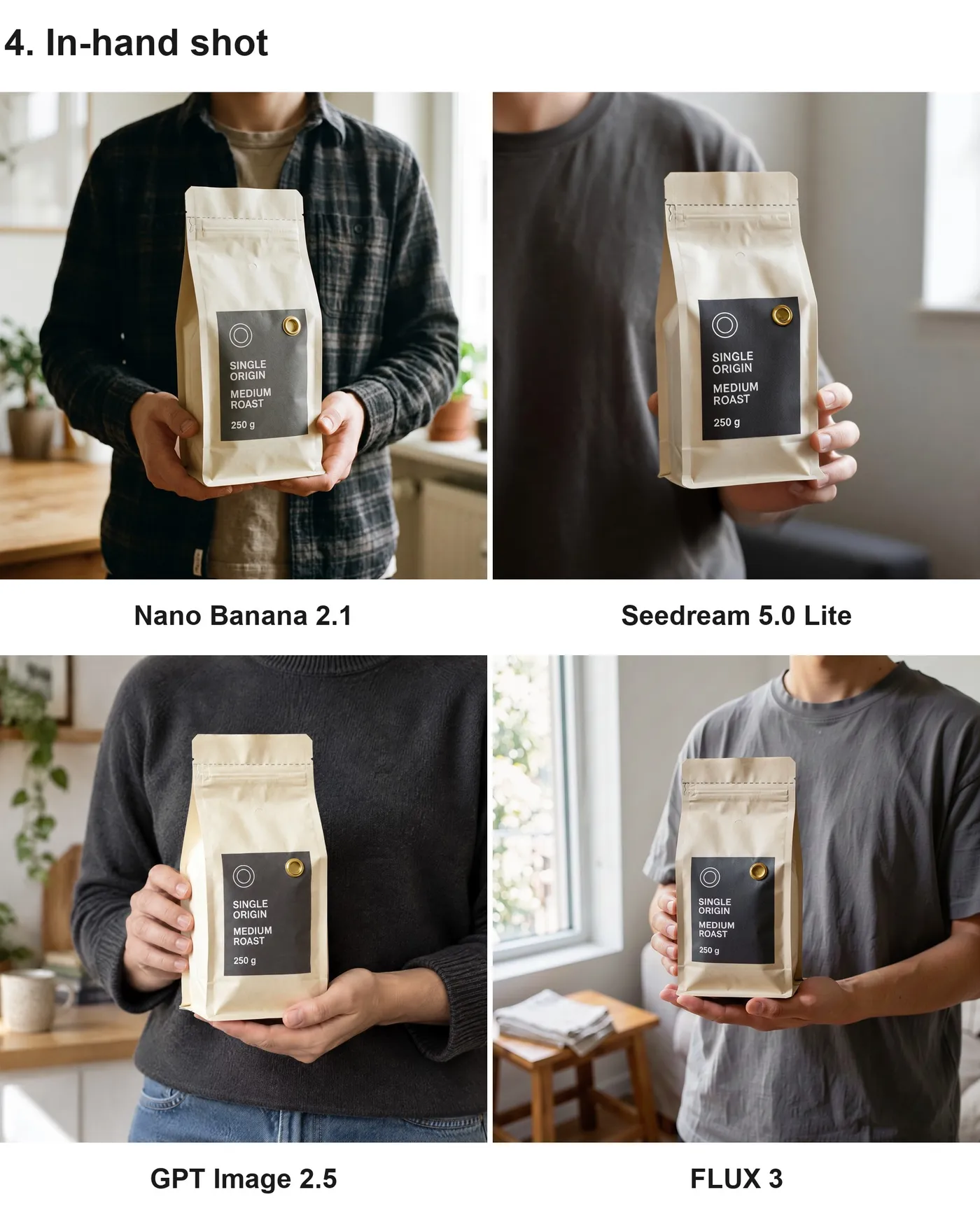 Four-panel comparison of the same kraft coffee pouch held in a person's hand by Nano Banana 2.1, Seedream 5.0 Lite, GPT Image 2.5 and FLUX 3, each panel labelled with the model that made it. Test run in getimg.ai.