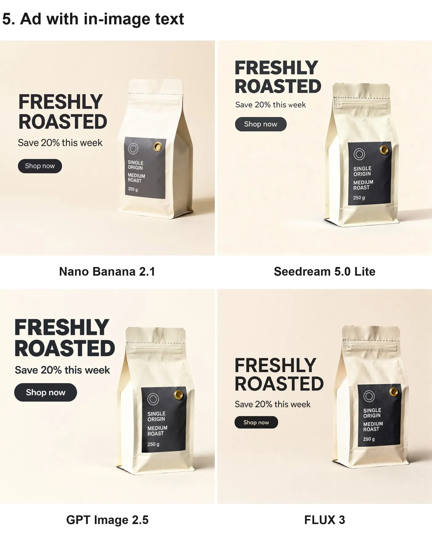 Four-panel comparison of the same kraft coffee pouch turned into a FRESHLY ROASTED social ad by Nano Banana 2.1, Seedream 5.0 Lite, GPT Image 2.5 and FLUX 3, each panel labelled with the model that made it. Test run in getimg.ai.