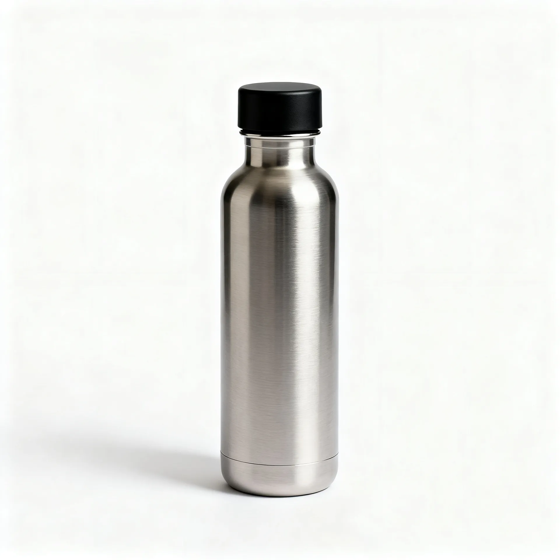 Brushed stainless steel insulated water bottle with a matte black lid, centred on a pure white background. Marketplace packshot generated in getimg.ai.