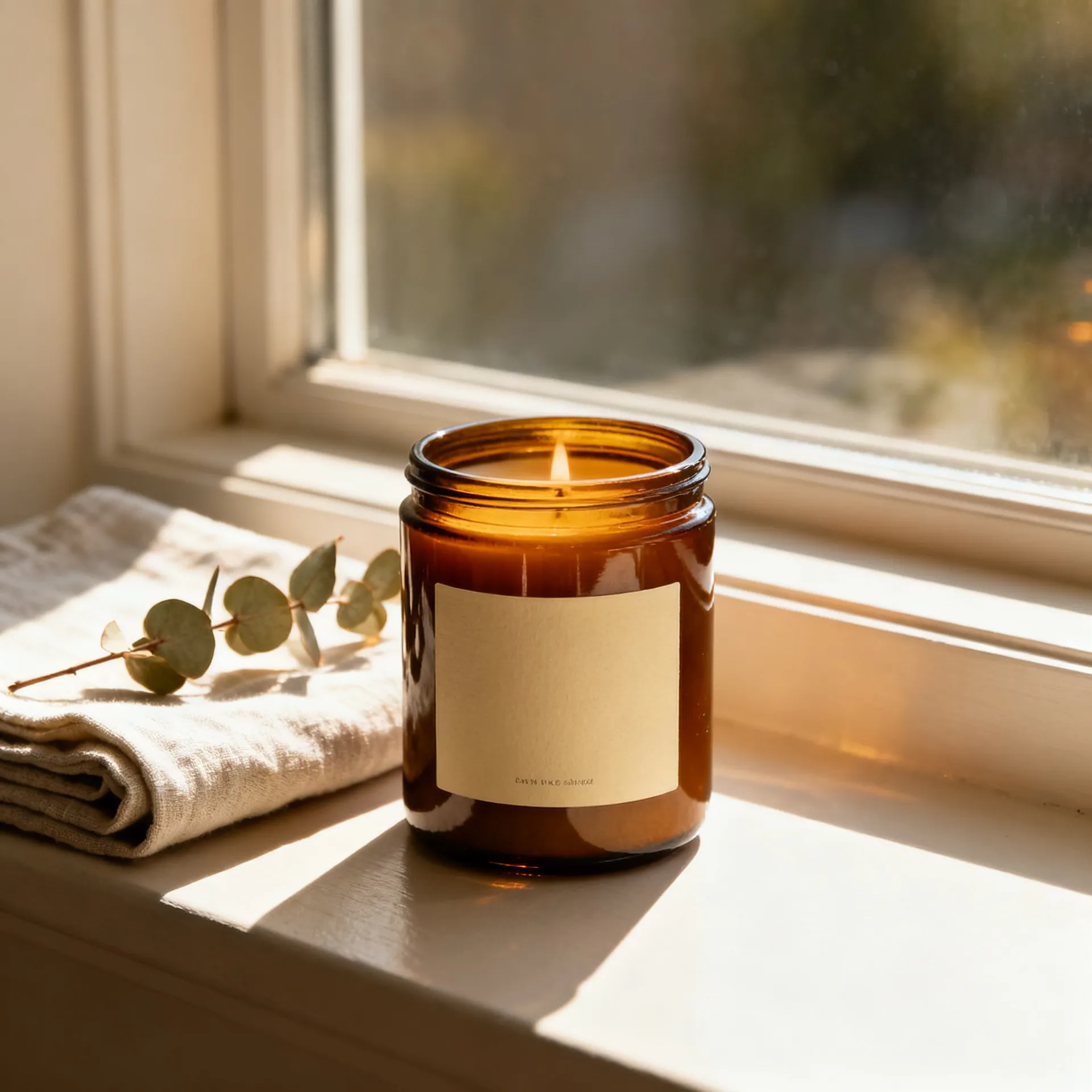 An amber glass scented candle with a cream label on a sunlit windowsill beside folded linen and a sprig of dried eucalyptus. Lifestyle scene generated in getimg.ai.