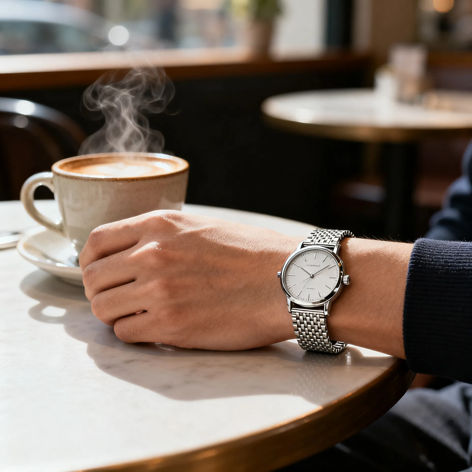 A steel mesh-strap wristwatch worn on a person's wrist resting on a marble cafe table beside a coffee cup. On-model concept generated in getimg.ai.