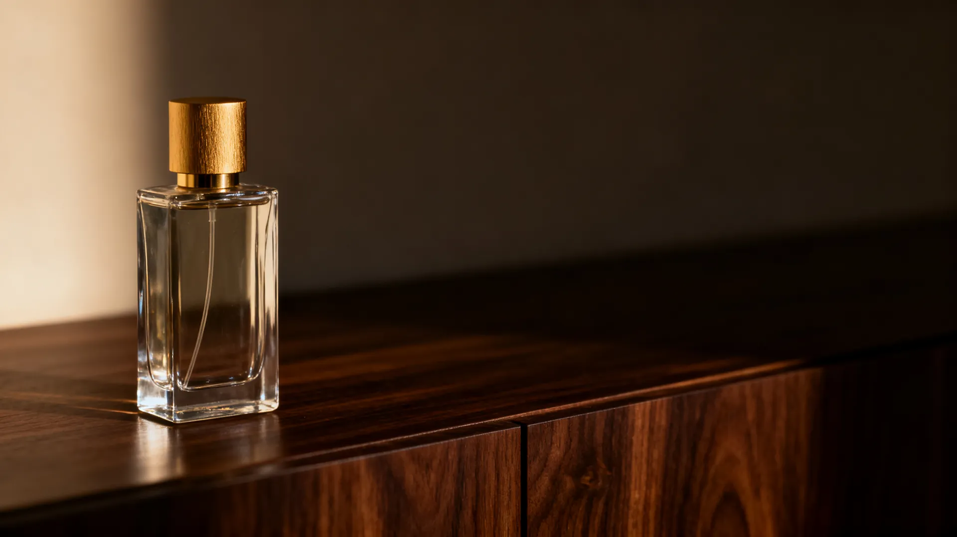 Clear glass perfume bottle with a brushed gold cap on a dark walnut counter, lit warmly from the left with open space to the right of frame. Wide still used as a product video first frame, generated in getimg.ai.