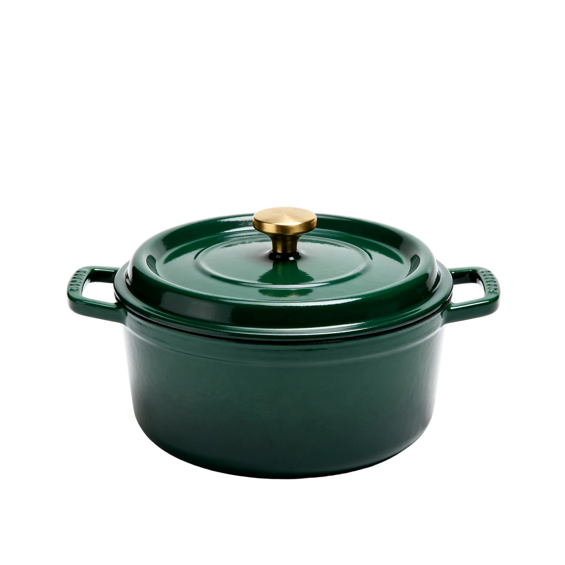 The same deep green cast iron casserole pot isolated on a transparent background with clean edges around the lid, handles and brass knob, ready for a marketplace listing. Cutout produced with the getimg.ai background remover.