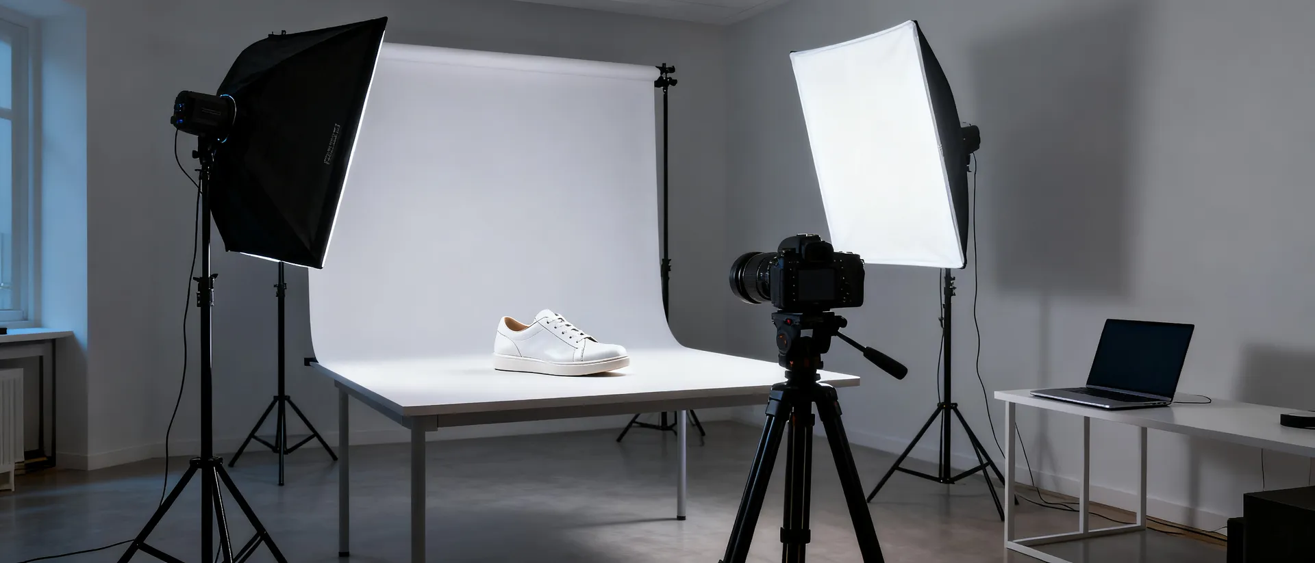 A product photography studio with a camera on a tripod aimed at a white leather sneaker on a lit shooting table, softboxes either side and a laptop on a side table. Generated in getimg.ai.