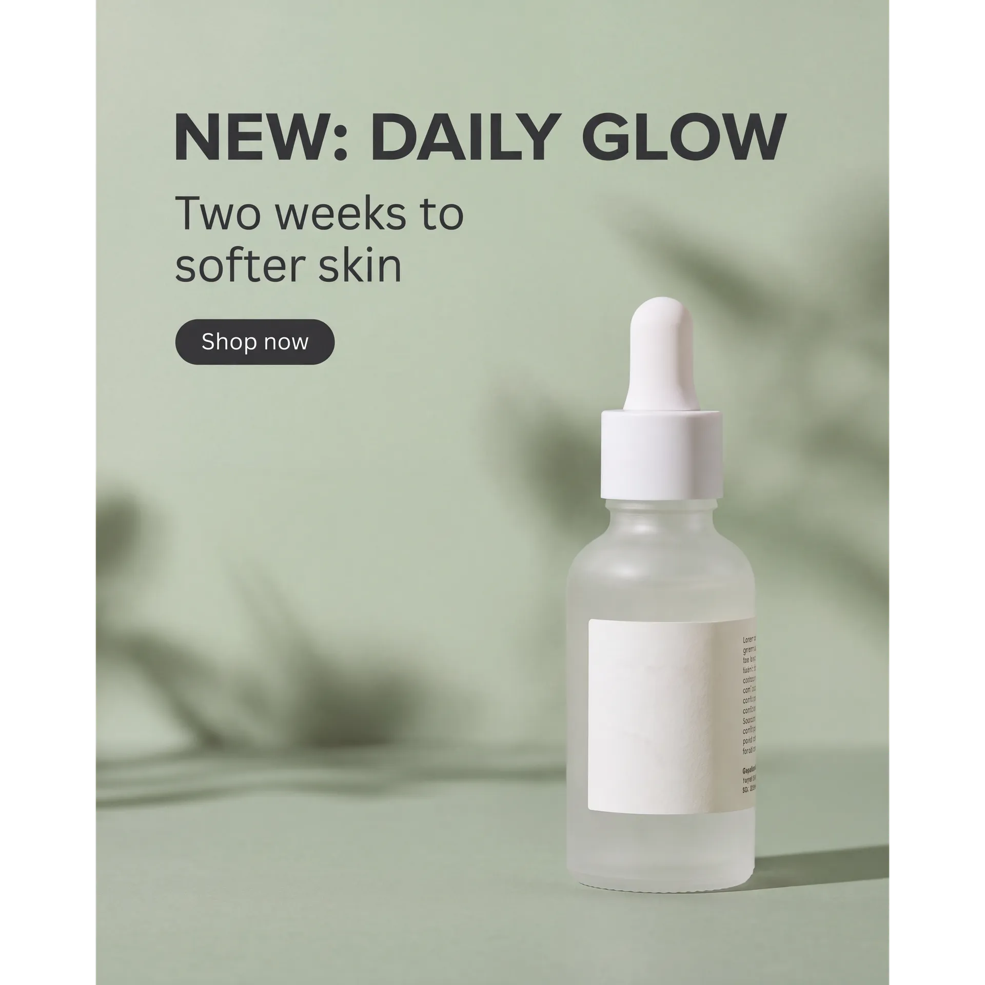 The NEW: DAILY GLOW serum ad reformatted to a 4:5 portrait feed post and placed on a transparent square canvas so the whole frame stays visible. Reformatted with Smart Resize in getimg.ai.