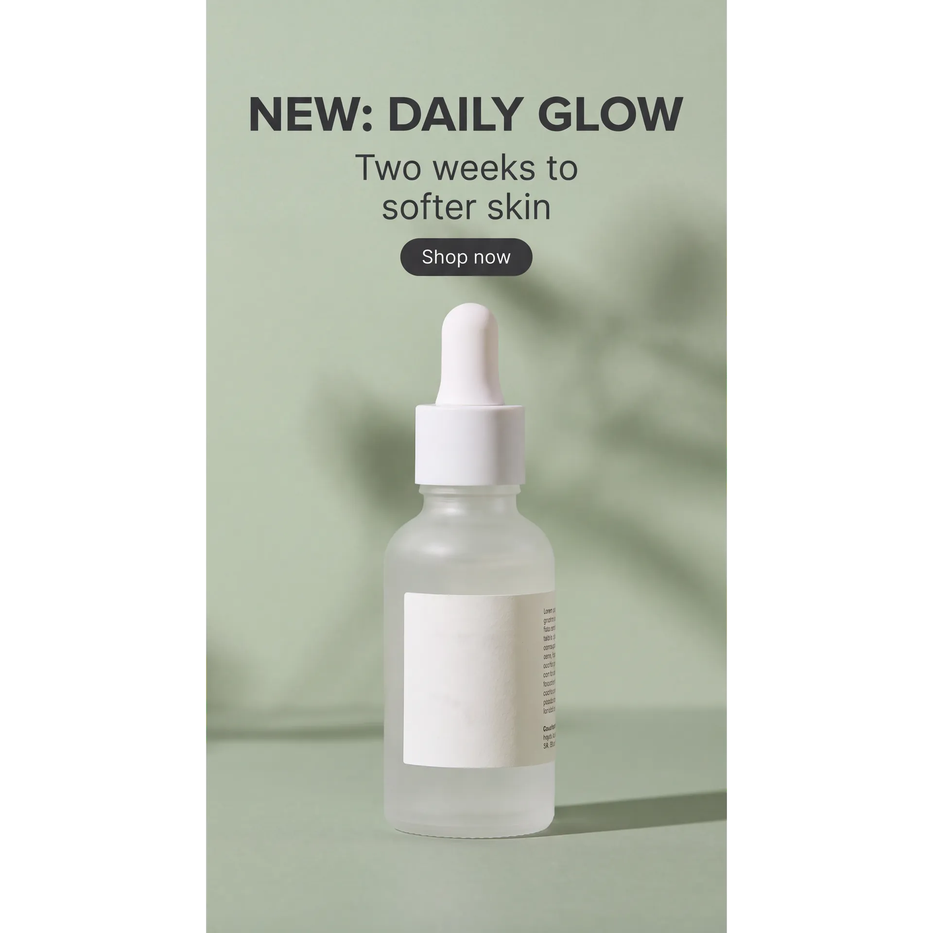 The NEW: DAILY GLOW serum ad reformatted to a 9:16 vertical story and placed on a transparent square canvas so the whole frame stays visible. Reformatted with Smart Resize in getimg.ai.
