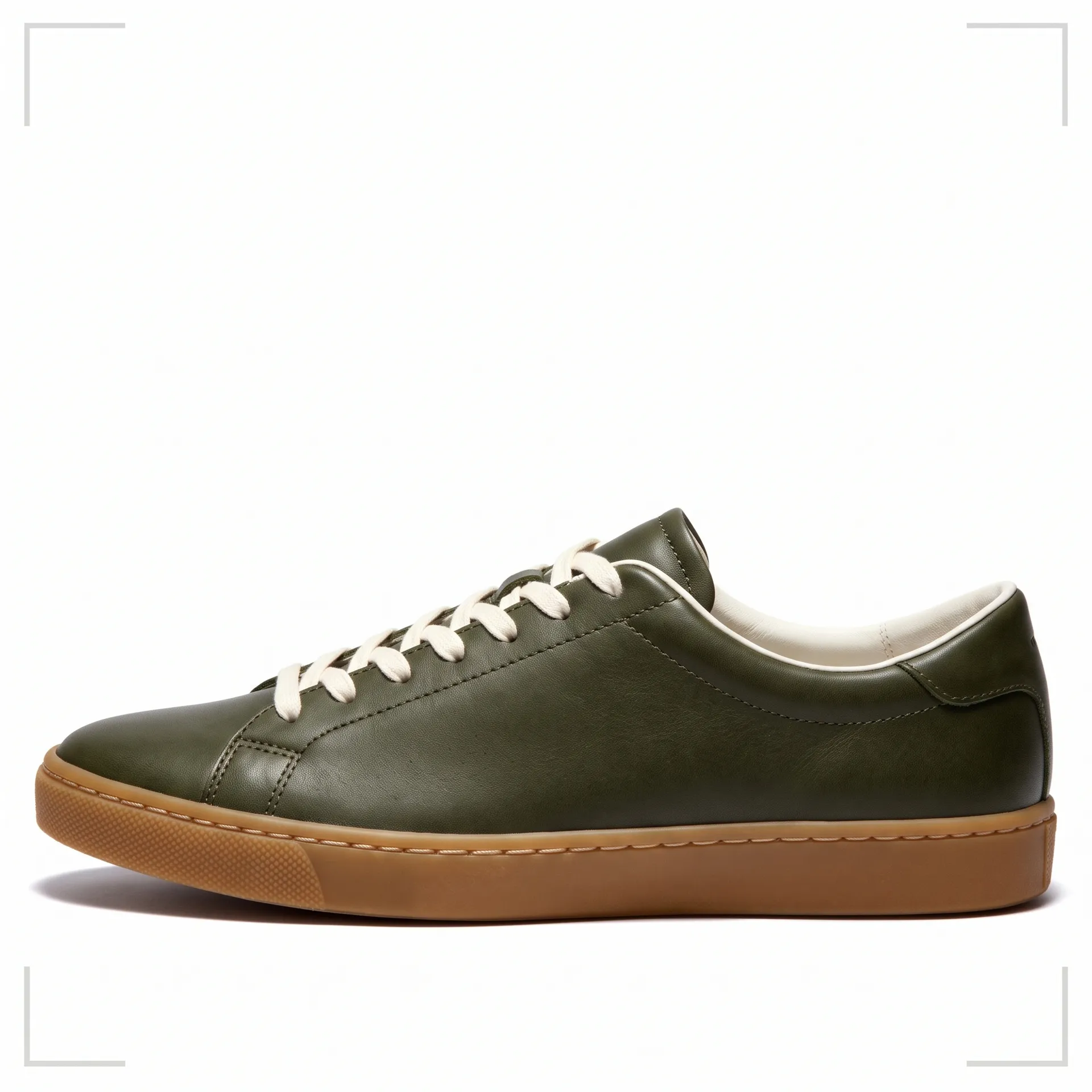 The same sneaker with its leather upper recoloured from white to deep olive green, the gum sole, laces and stitching unchanged. Colour exploration generated in getimg.ai.