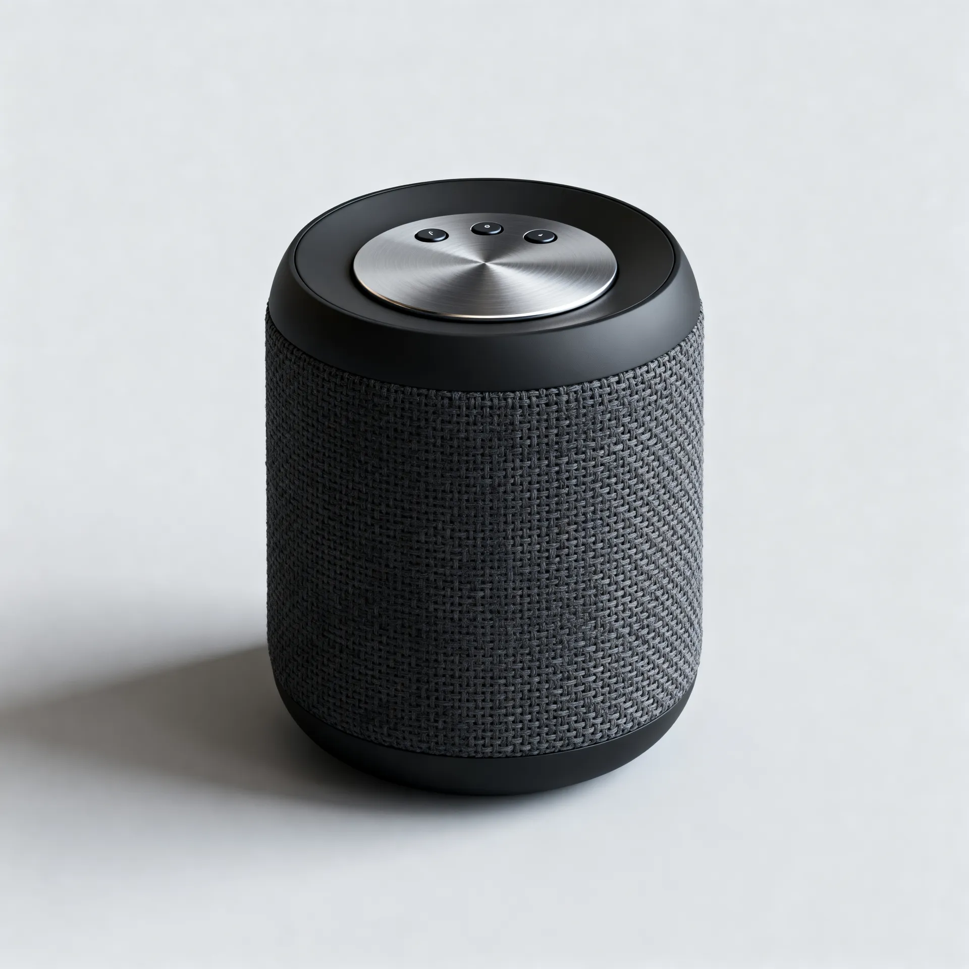 Matte black cylindrical portable speaker with a woven charcoal fabric grille and a brushed metal top plate, on a light grey backdrop. Studio packshot generated in getimg.ai.