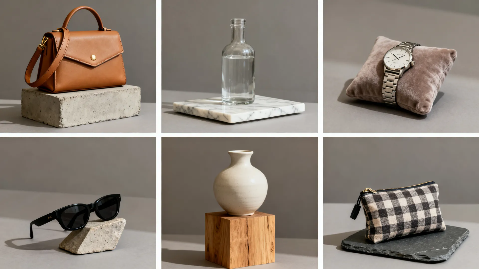 Six-panel grid of unbranded studio product photographs on warm grey backdrops: a tan leather handbag on concrete, a glass bottle on marble, a steel watch on a suede cushion, black sunglasses on stone, a ceramic vase on oak and a checked fabric pouch on slate. Generated in getimg.ai.