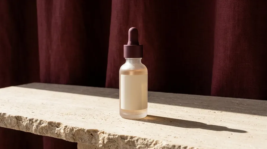 Frosted glass serum bottle with a matte burgundy dropper cap on a pale travertine ledge against a deep burgundy linen drape, casting one long hard shadow in morning sunlight. The same saved product reference placed in a new campaign scene, generated with AI on getimg.ai.
