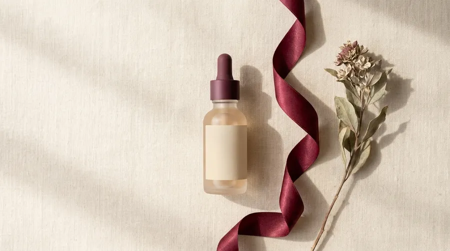 Overhead flat lay of a frosted glass serum bottle with a burgundy dropper cap on cream linen, with a burgundy silk ribbon and a dried botanical stem in soft daylight. Press and email campaign visual for a skincare launch, generated with AI on getimg.ai.