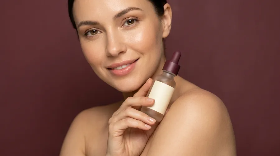 Woman in her early thirties with warm natural makeup holding a frosted serum bottle with a burgundy dropper cap near her shoulder against a deep burgundy backdrop. Brand campaign image for a skincare launch, generated with AI on getimg.ai.