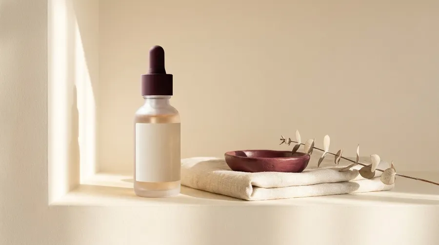 Frosted glass serum bottle with a matte burgundy dropper cap on a cream plaster bathroom shelf beside a folded linen towel, a small burgundy dish and a dried eucalyptus sprig in soft morning light. Approved landing hero visual for a skincare launch campaign, generated with AI on getimg.ai.
