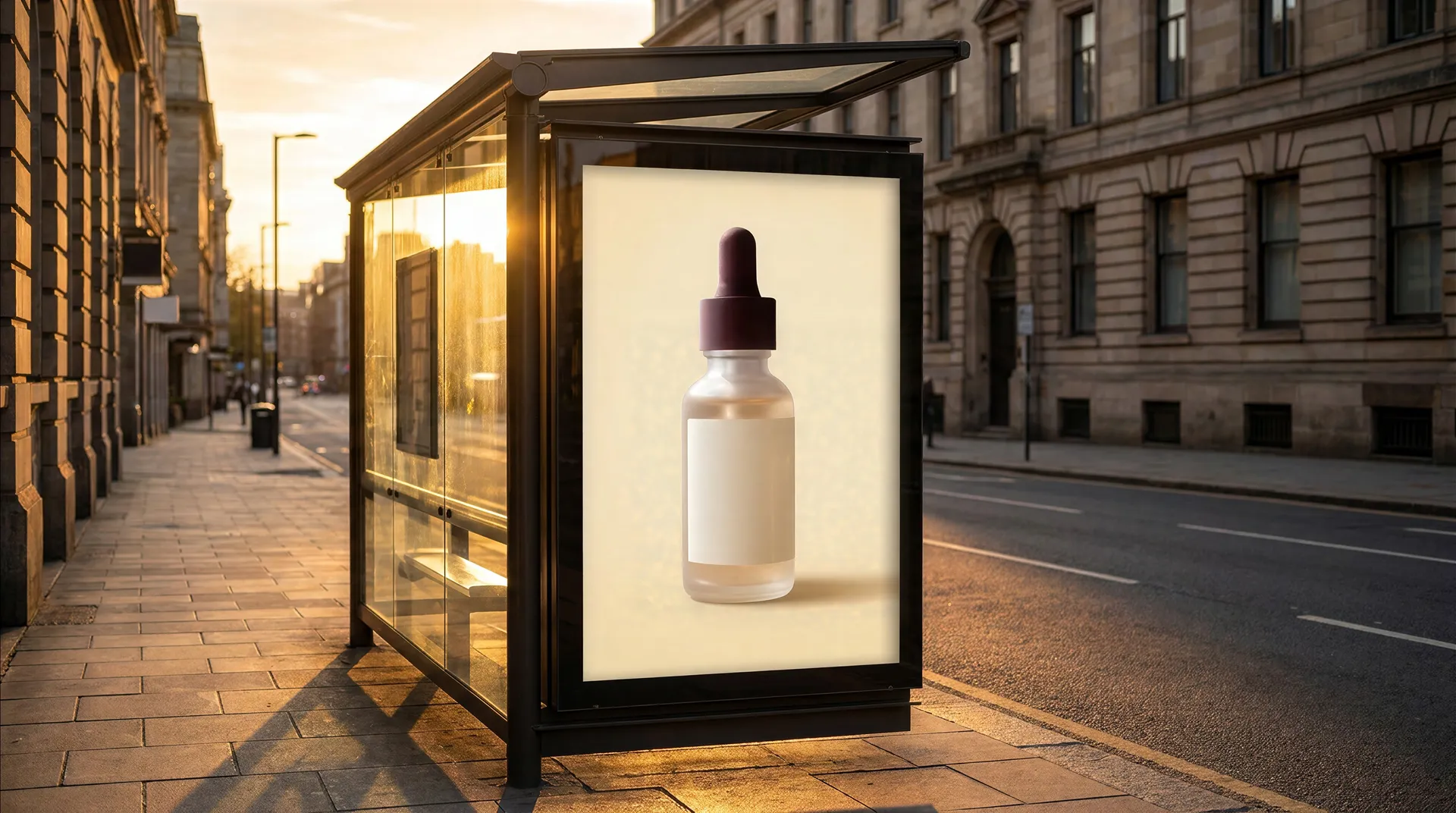Illuminated bus shelter advertising panel on a stone-fronted city street at golden hour displaying a cream skincare poster with a frosted serum bottle. Example of commercial campaign placement for creative generated with AI on getimg.ai.