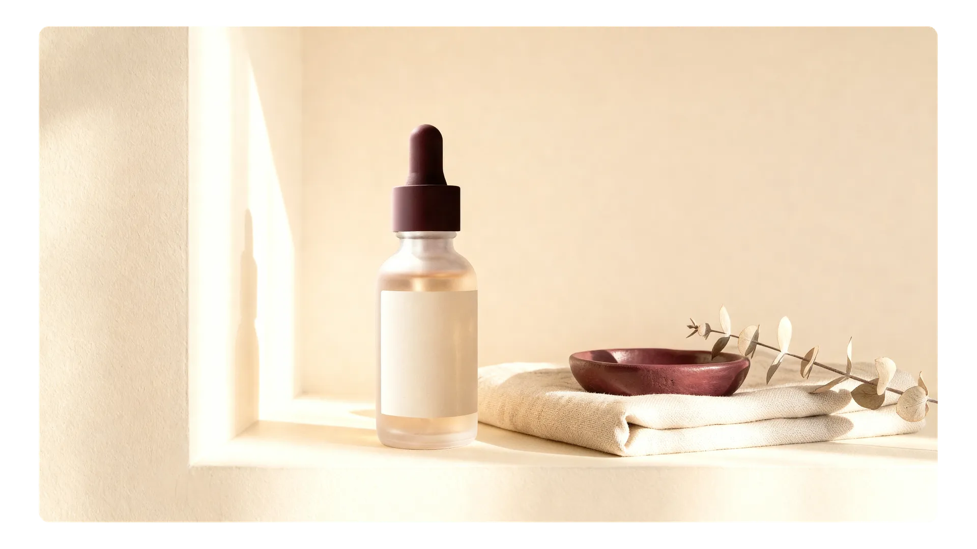 A wide 16:9 version of the approved campaign scene, a frosted serum bottle on a cream bathroom shelf with a linen towel and burgundy dish, shown as a card on a transparent background. The landing hero format, adapted with AI on getimg.ai.