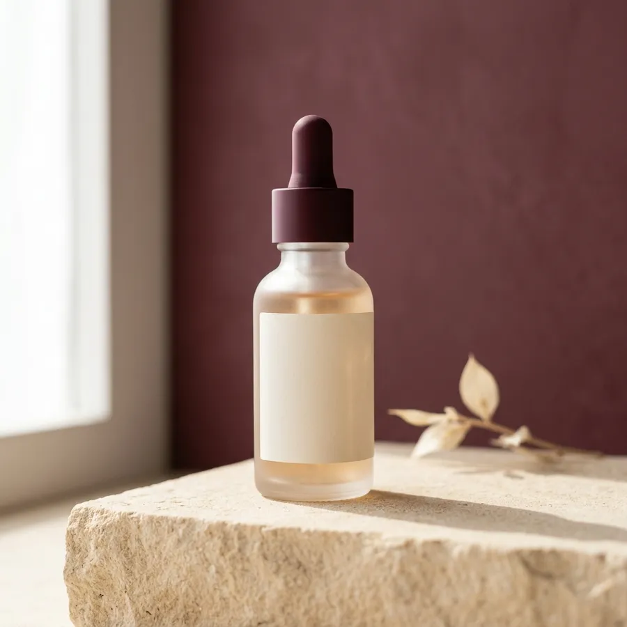 Frosted glass serum bottle with a matte burgundy dropper cap and a blank cream label, standing on a warm cream stone plinth against a muted burgundy wall in soft daylight. Saved as the reusable Product Element for a skincare launch campaign, generated with AI on getimg.ai.