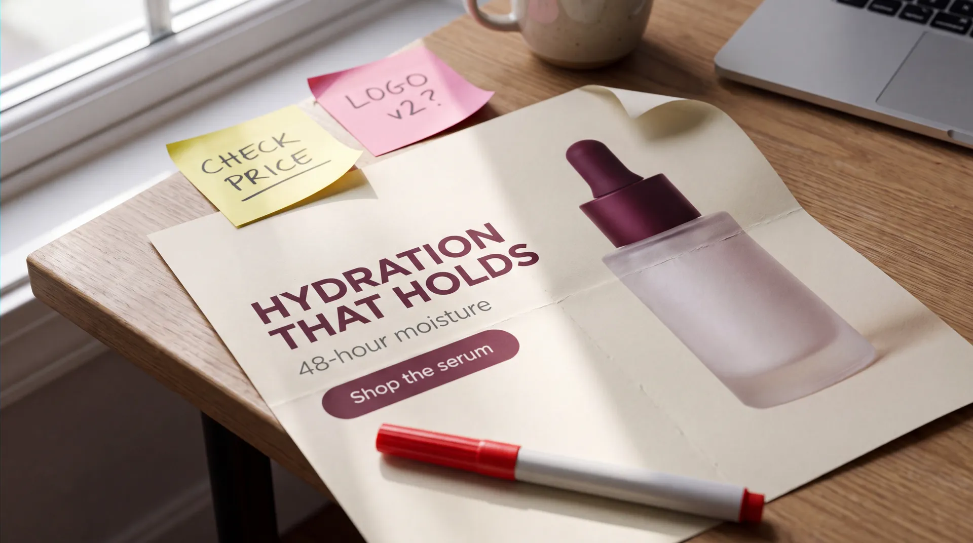 Printed ad proof lying on a wooden desk by a window, showing a cream layout with the headline HYDRATION THAT HOLDS, the line 48-hour moisture, a burgundy Shop the serum button and a frosted serum bottle. A red marker lies across it, a yellow sticky note reads CHECK PRICE and a pink one reads LOGO v2, with a coffee cup and laptop blurred behind. Illustrates the review step before publishing campaign assets generated with AI on getimg.ai.